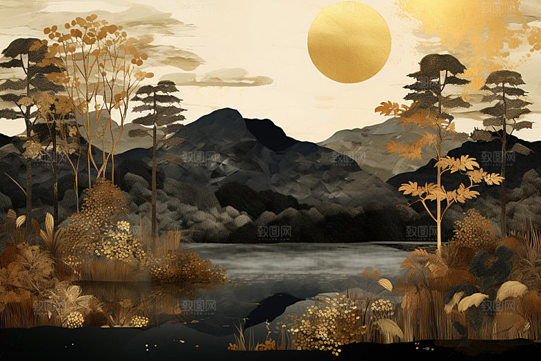 轻奢山水风景高级感金箔画