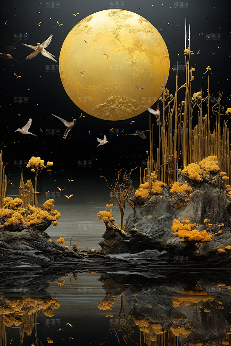 轻奢山水风景立体金箔画