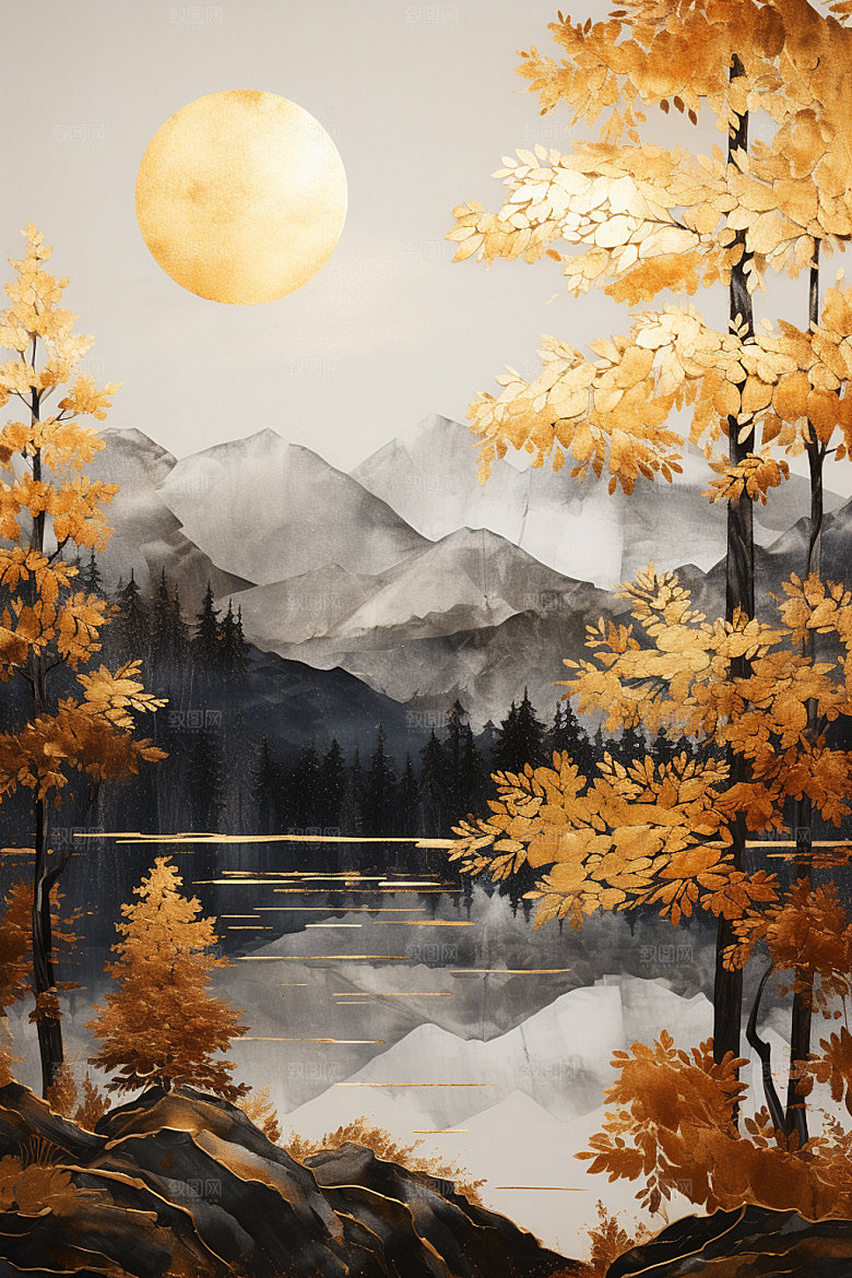 轻奢山水立体层次金箔画