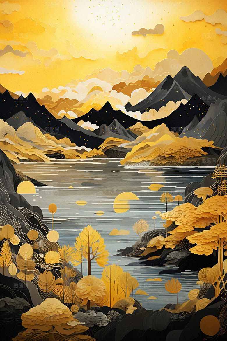 轻奢山水风光风景金箔画