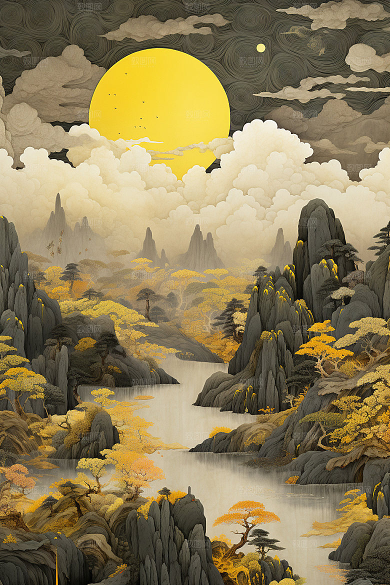 轻奢山水风景质感金箔画