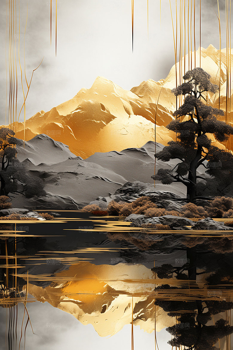 轻奢山水风景立体金箔画
