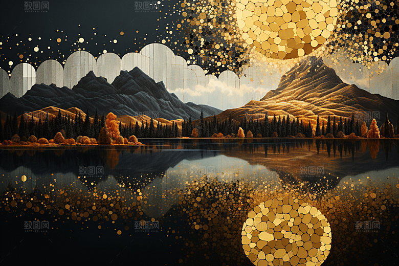 轻奢山水自然风光金箔画