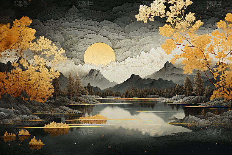 轻奢山水风景风光金箔画