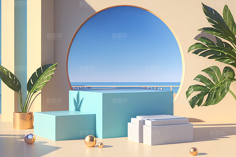 北欧风夏天展台电商背景