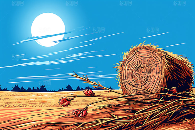 秋季草垛牧场农场插画