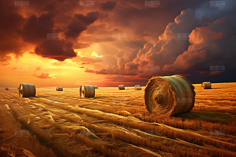 秋季草垛农场秋天插画