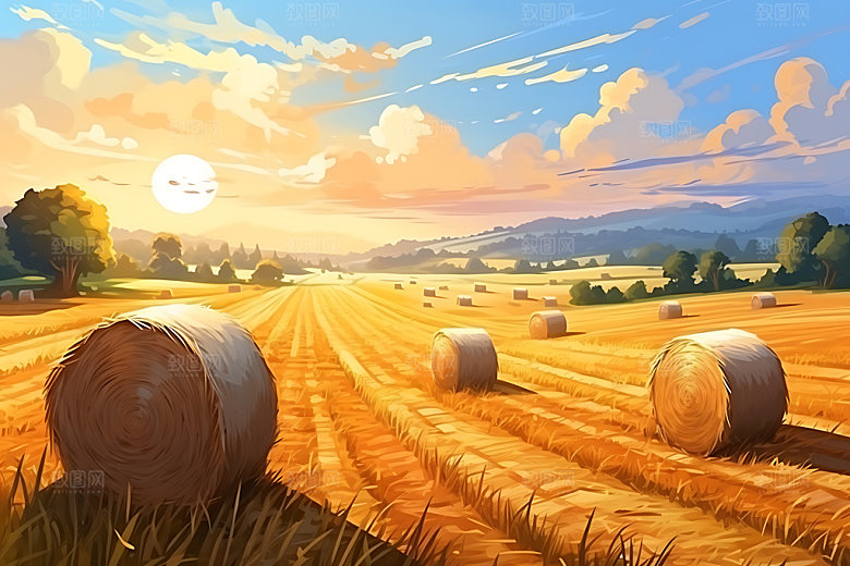 秋季草垛秋日金色草垛插画