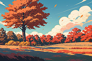 秋季风光树林插画