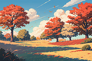 秋季手绘树林插画