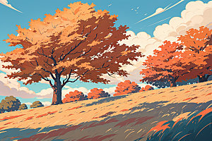 秋季树林金色插画