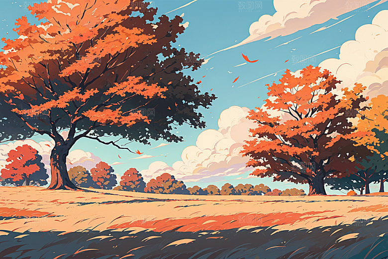 秋季秋景树林插画