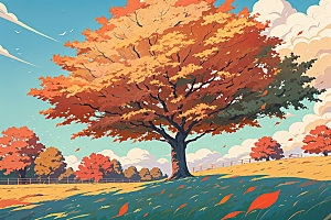 秋季树林旷野插画