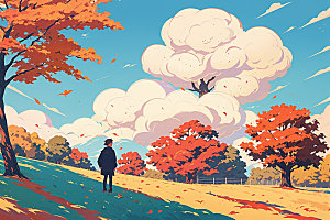 秋季秋景树林插画