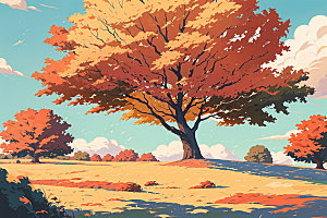 秋季旷野秋景插画