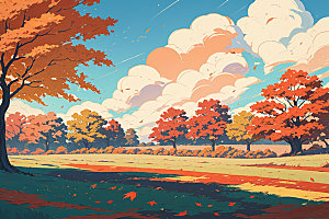 秋季旷野树林插画