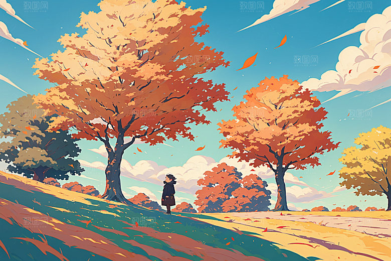 秋季秋景旷野插画