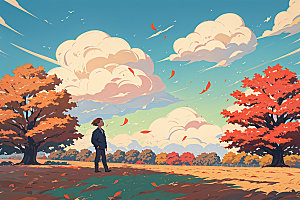 秋季旷野风光插画