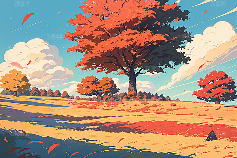 秋季手绘秋景插画