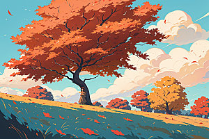 秋季树林手绘插画
