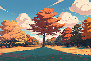 秋季旷野树林插画