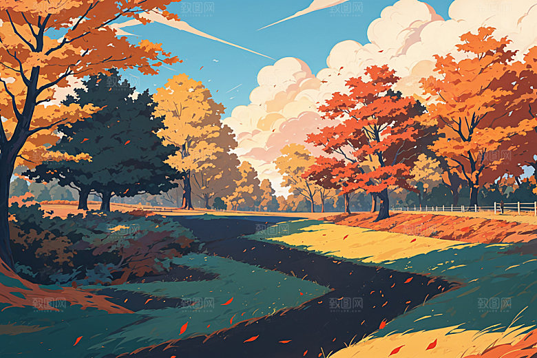 秋季树林秋景插画