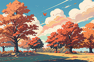 秋季树林风光插画