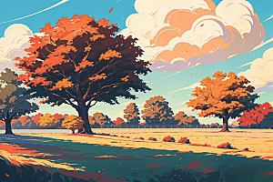 秋季树林秋景插画