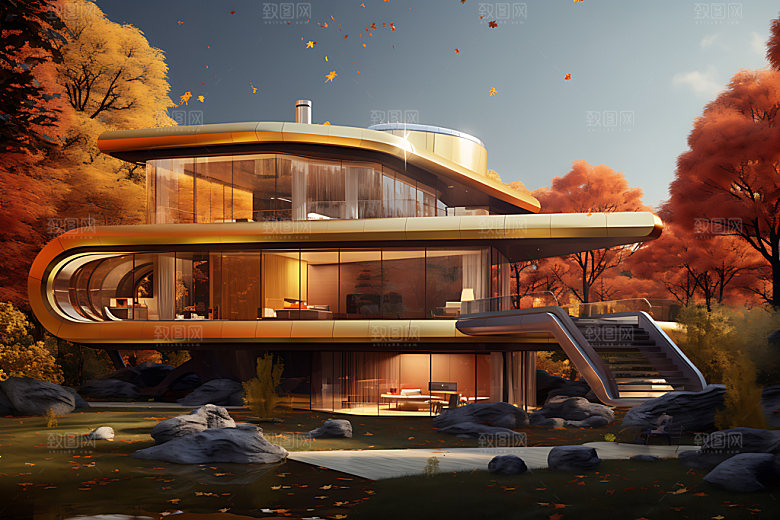 建筑秋色秋天景色效果图