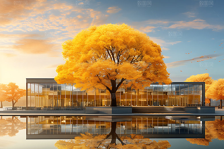 建筑秋色景色秋日效果图