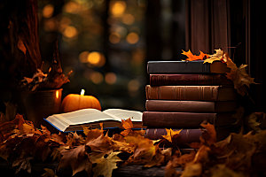 秋天书籍氛围自然摄影图