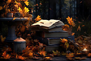 秋天书籍氛围学习摄影图