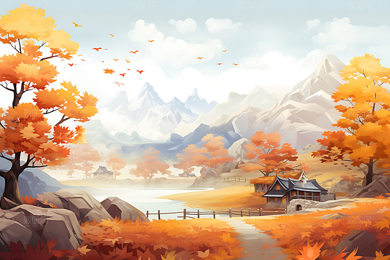 秋季风景山野暖色调插画