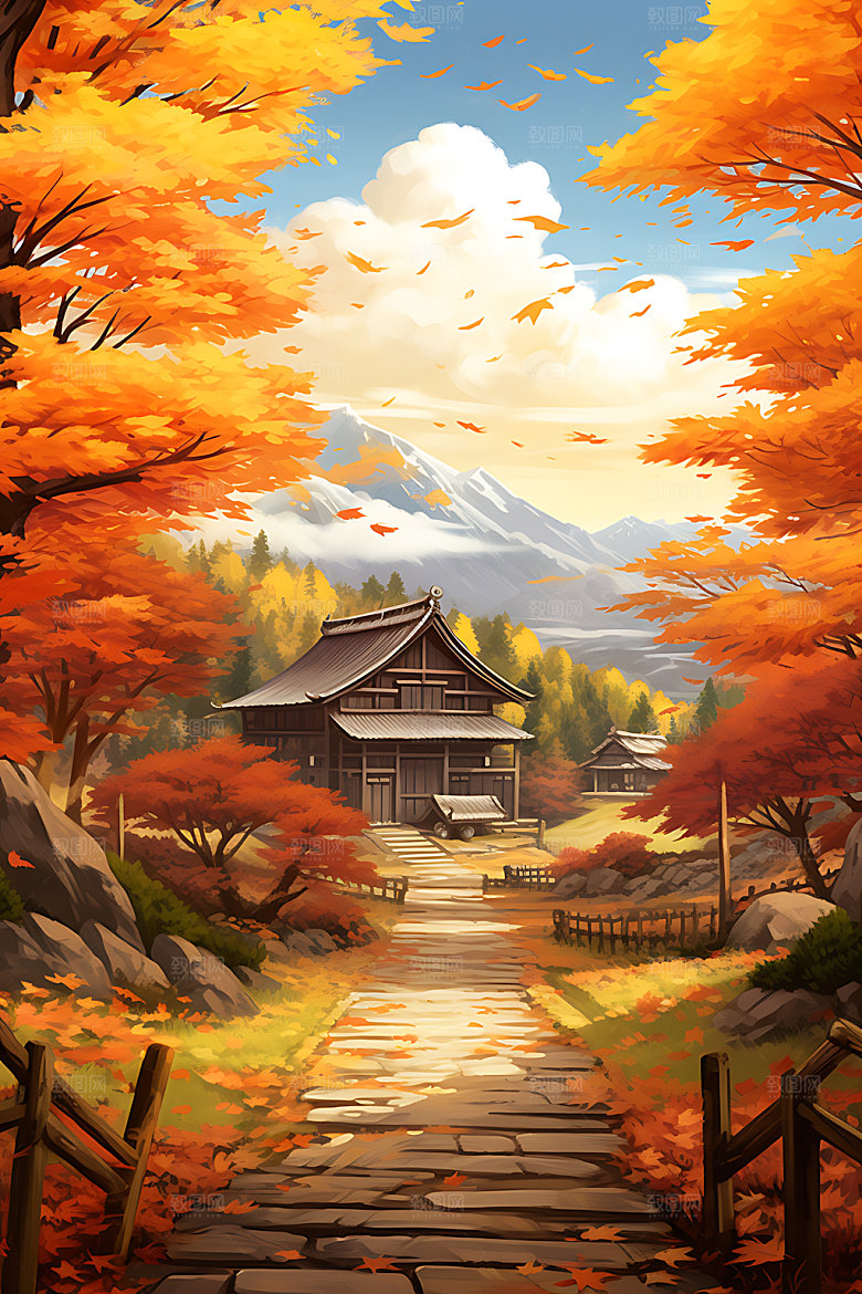 秋季风景风光秋色插画
