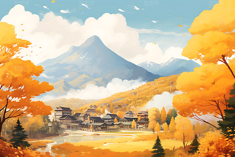 秋季风景唯美森林插画