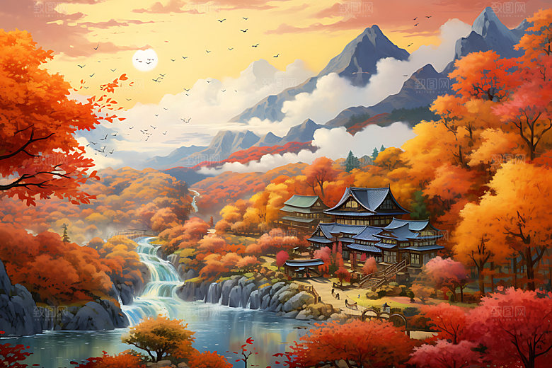 秋季风景风光唯美插画