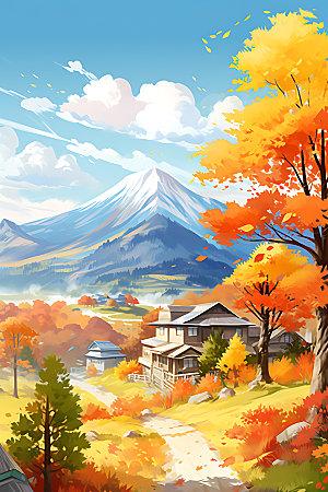 秋季风景山野秋色插画