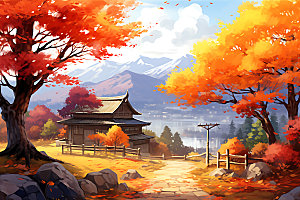 秋季风景唯美红叶插画