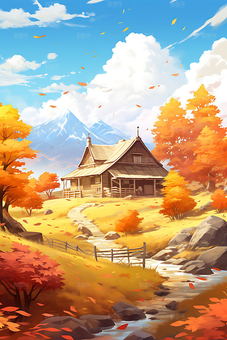 秋季风景山野唯美插画