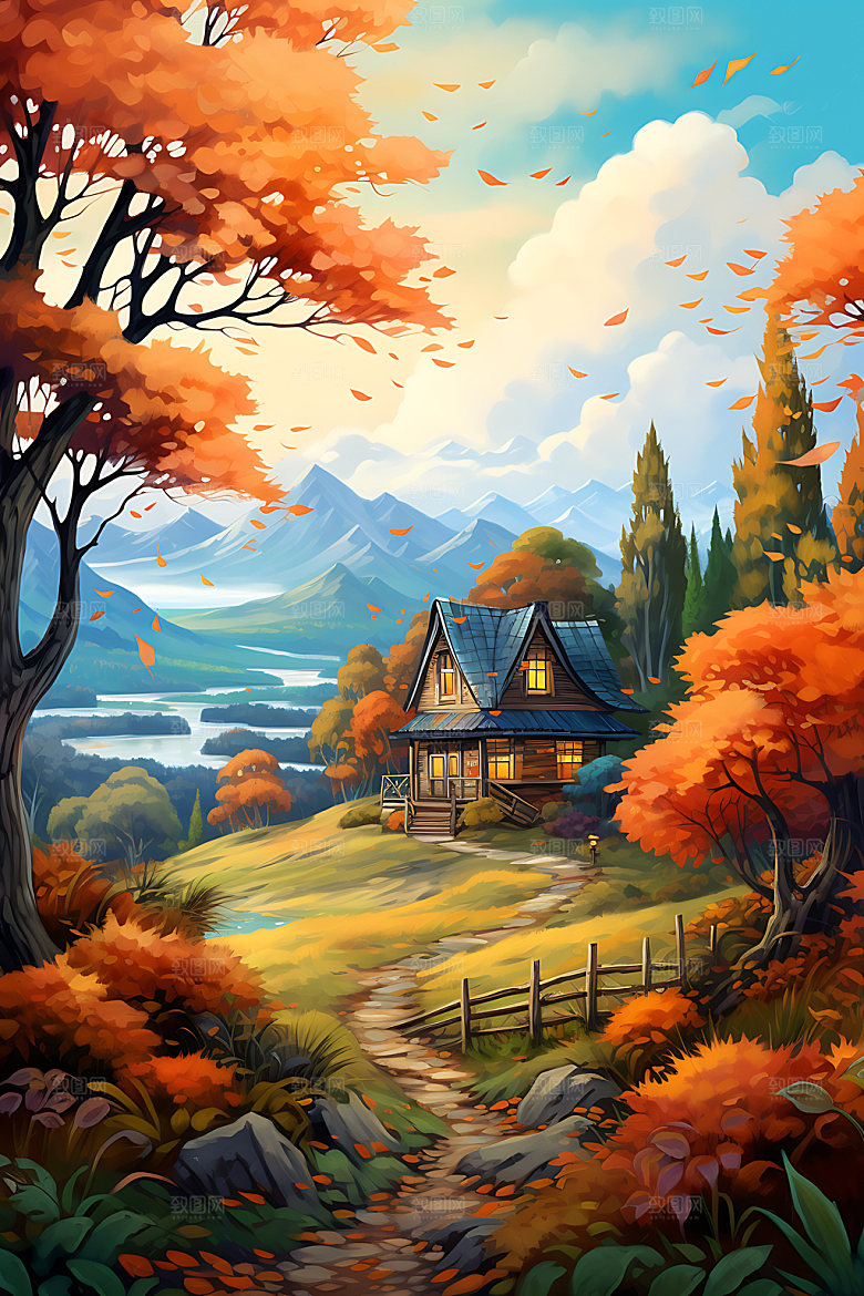 秋季风景秋色风光插画
