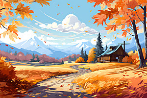 秋季风景风光暖色调插画