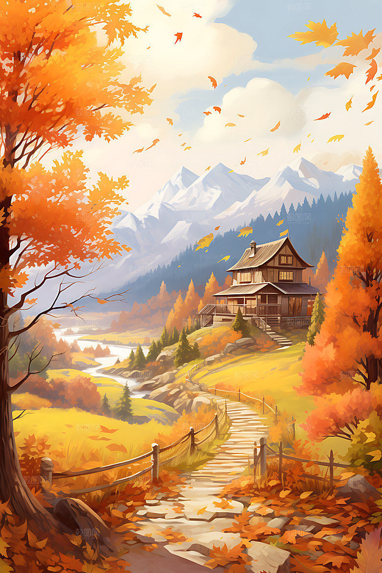 秋季风景唯美秋叶插画