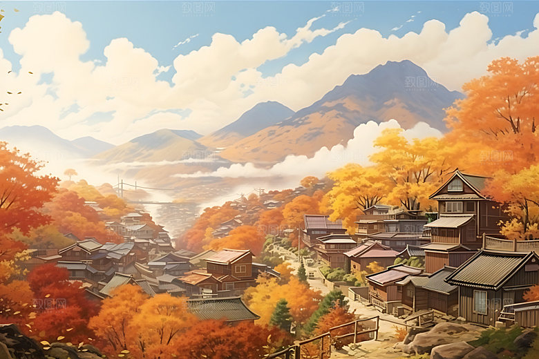 秋季风景风光秋天插画