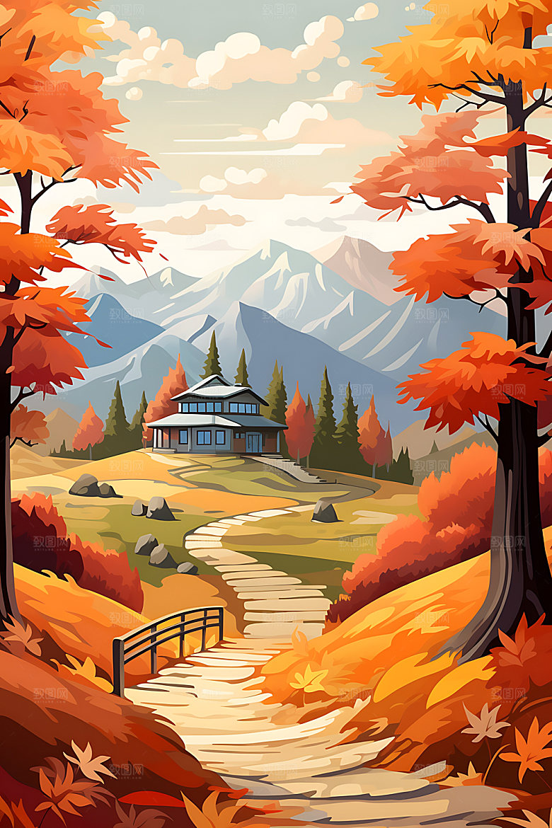 秋季风景山野森林插画