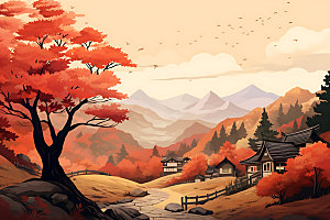 秋季风景秋色红叶插画