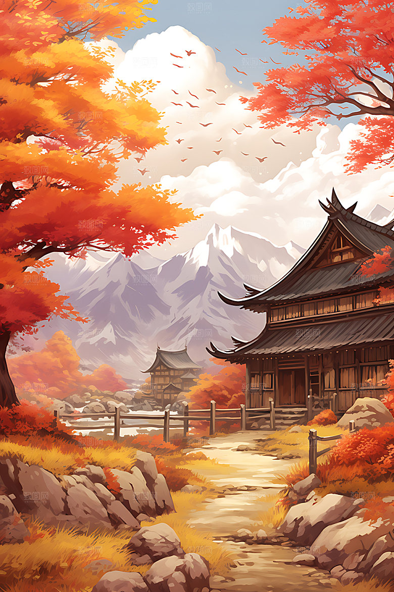 秋季风景山野秋叶插画