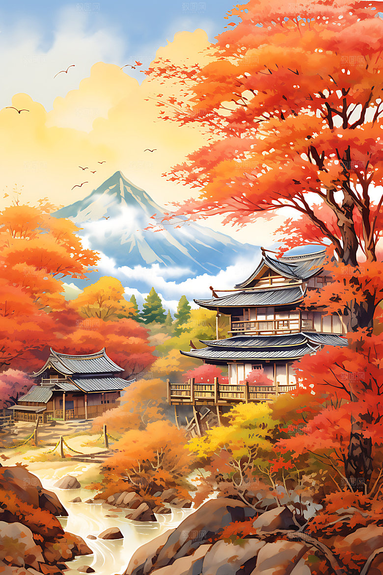 秋季风景秋日山野插画