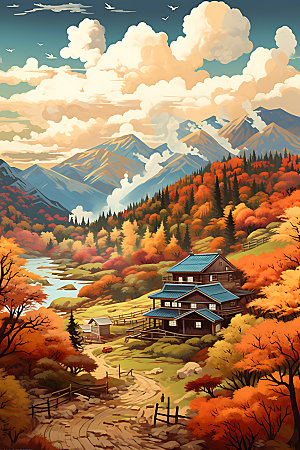 秋季风景山野森林插画