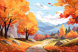 秋季风景暖色调秋叶插画