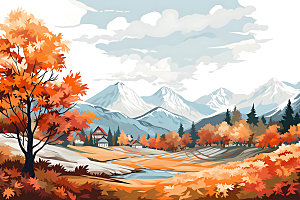 秋季风景风光唯美插画